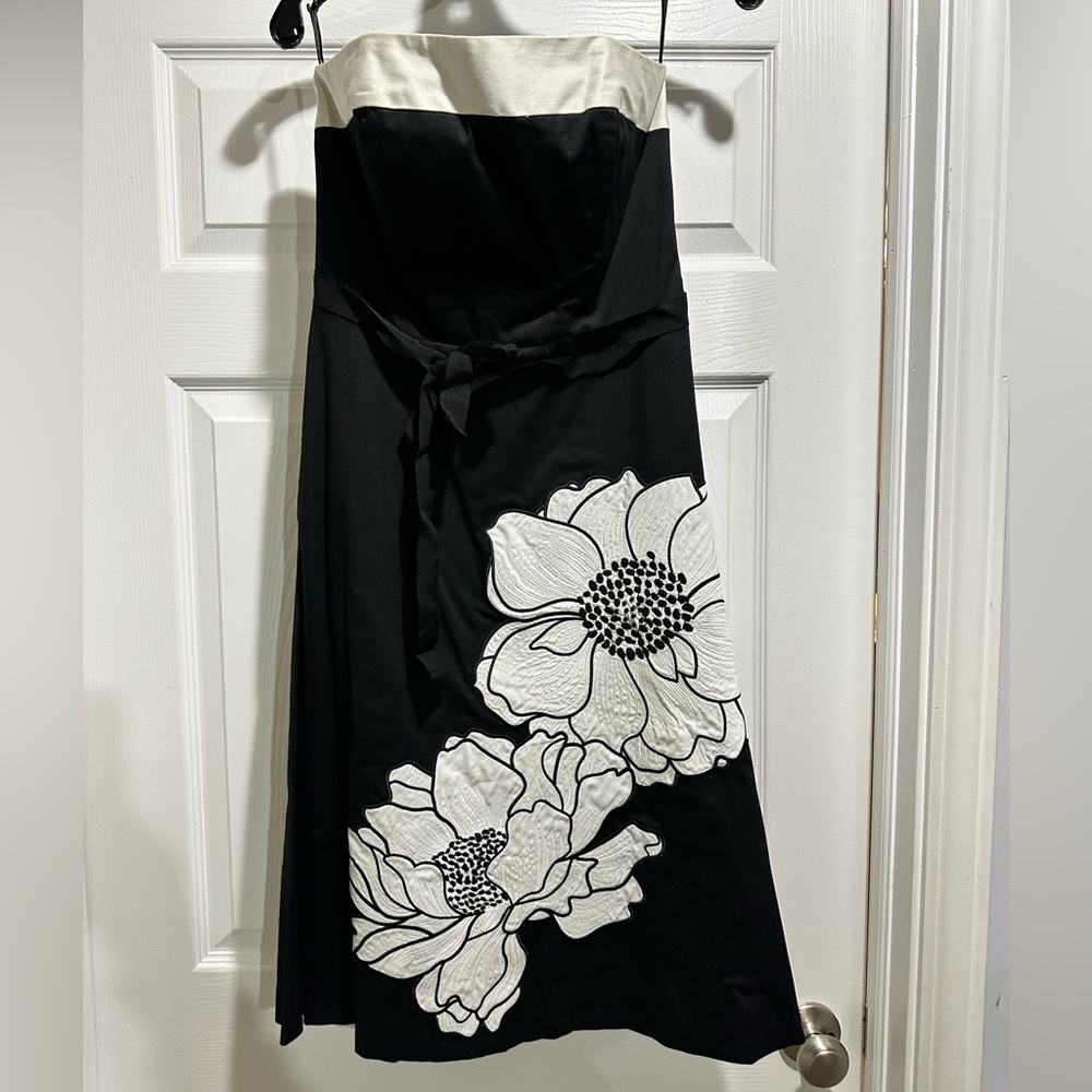 White House Black Market Strapless Black Dress with White Floral Accents